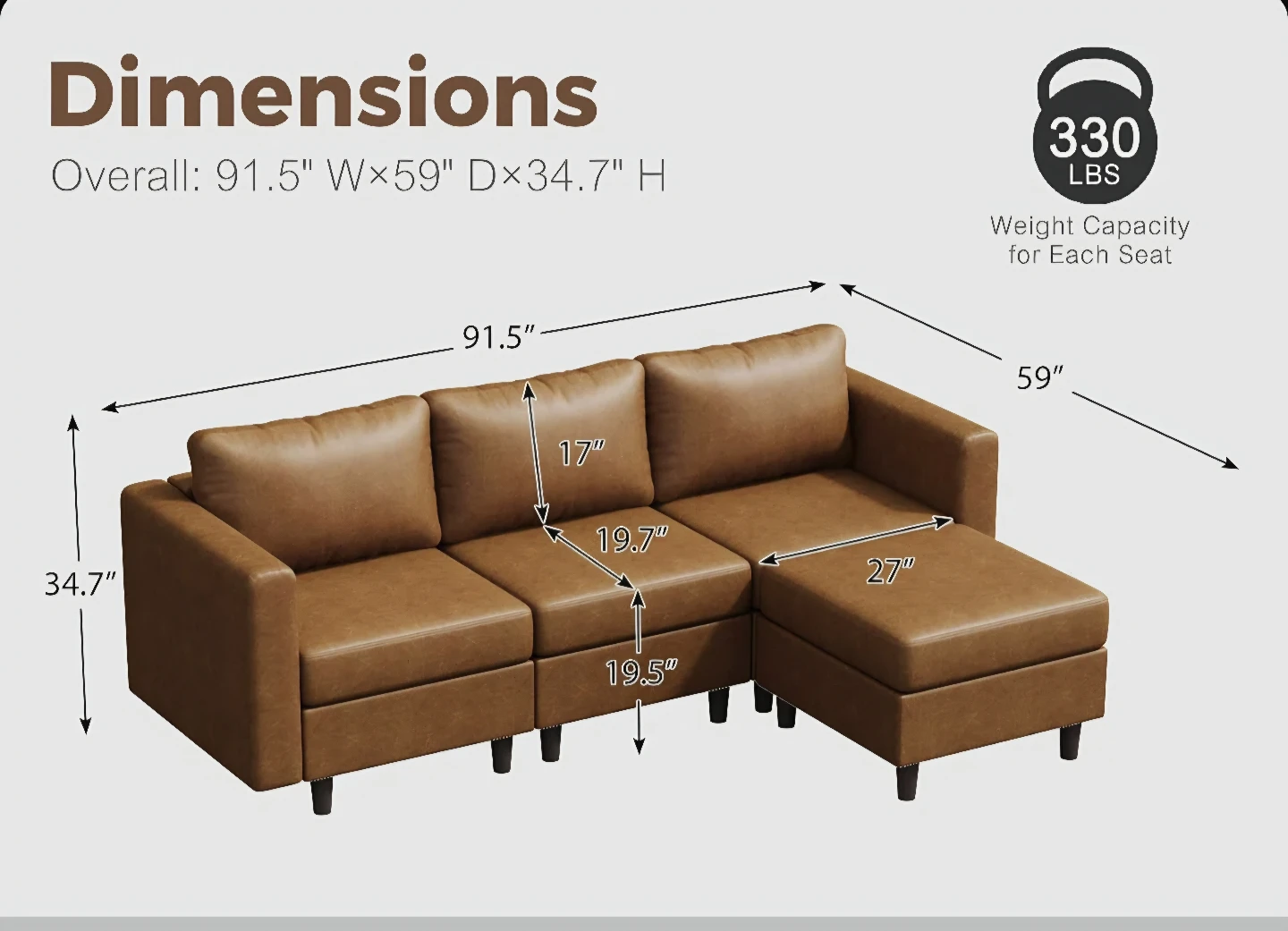 Brown Faux Leather Sectional Sofa with Chaise - photo 4