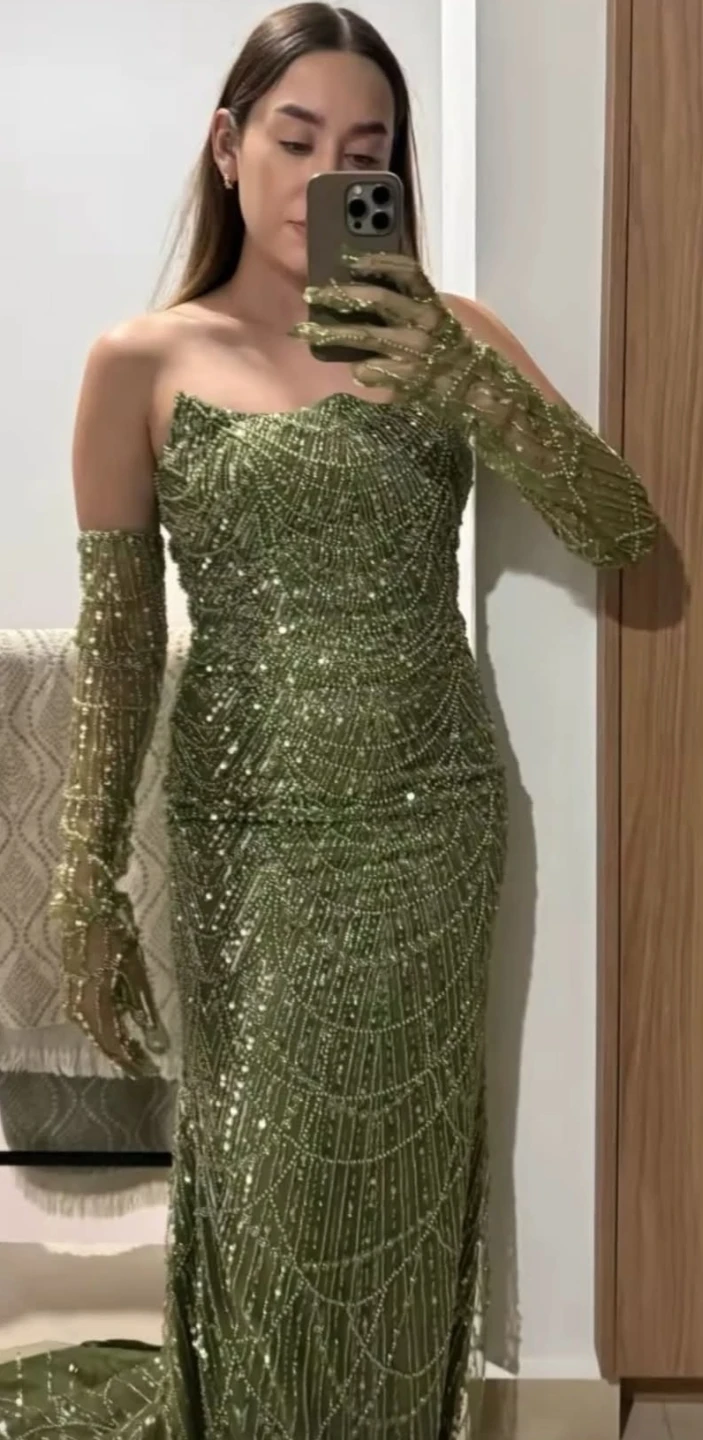 Sequin Embellished Strapless Gown with Matching Gloves