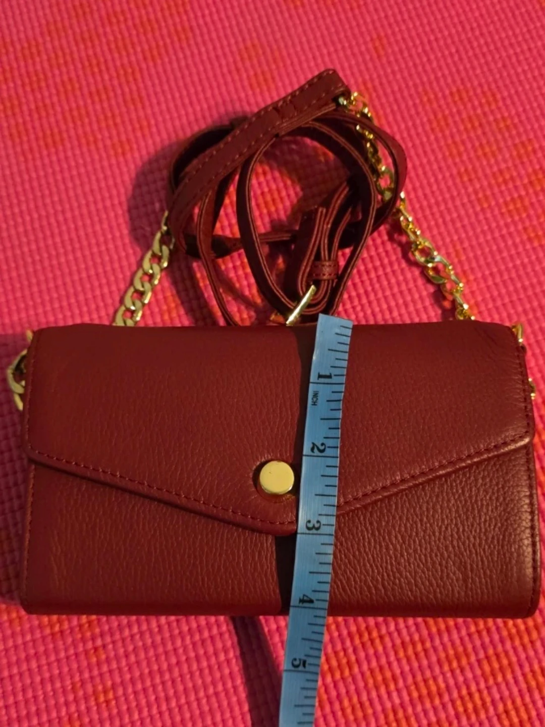 Burgundy Leather Wallet Clutch with Gold Chain Strap - photo 4