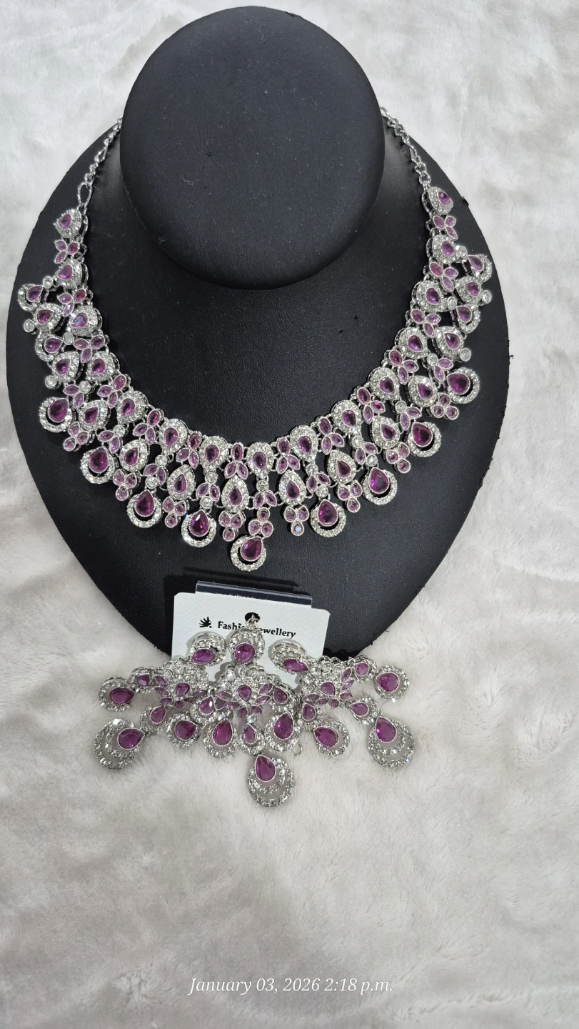 Rhinestone and Purple Stone Necklace and Earring Set