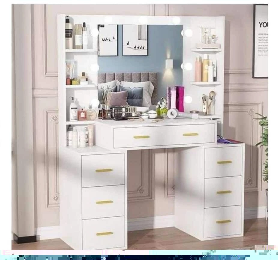 White Vanity with Lights and Mirror