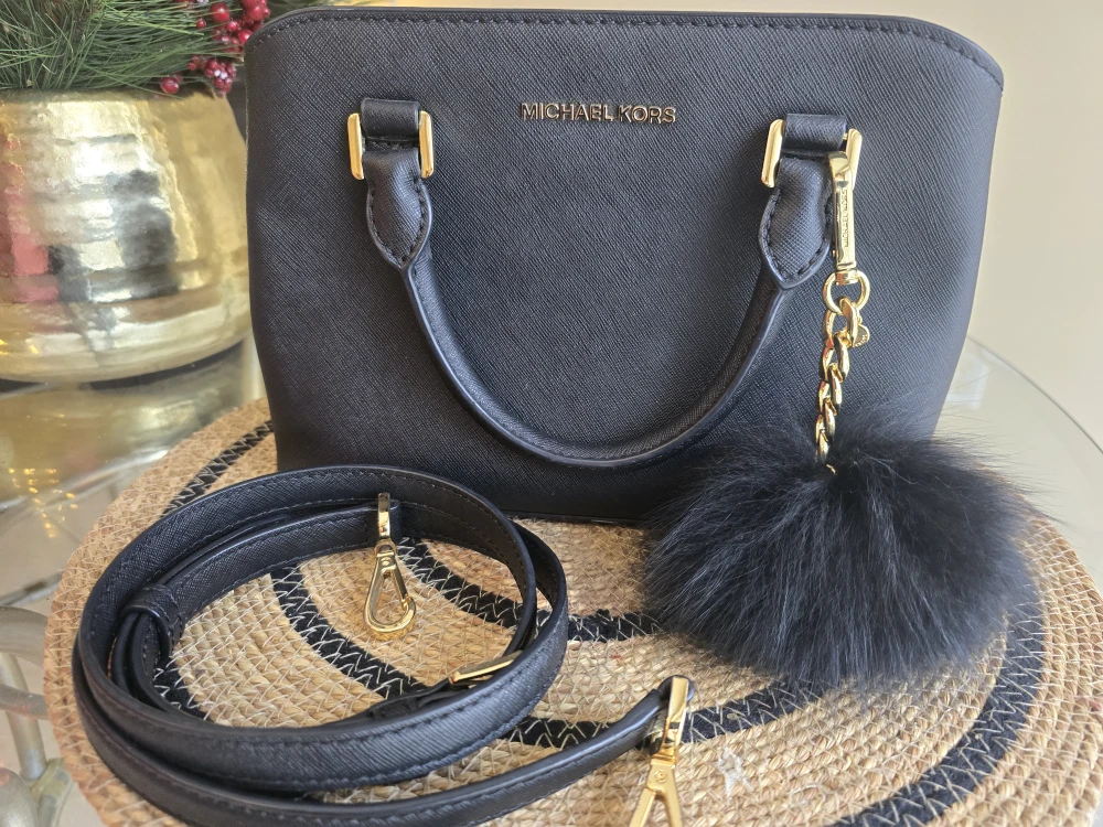 Michael Kors Black Leather Satchel Handbag with Fur Pom Pom - photo 2