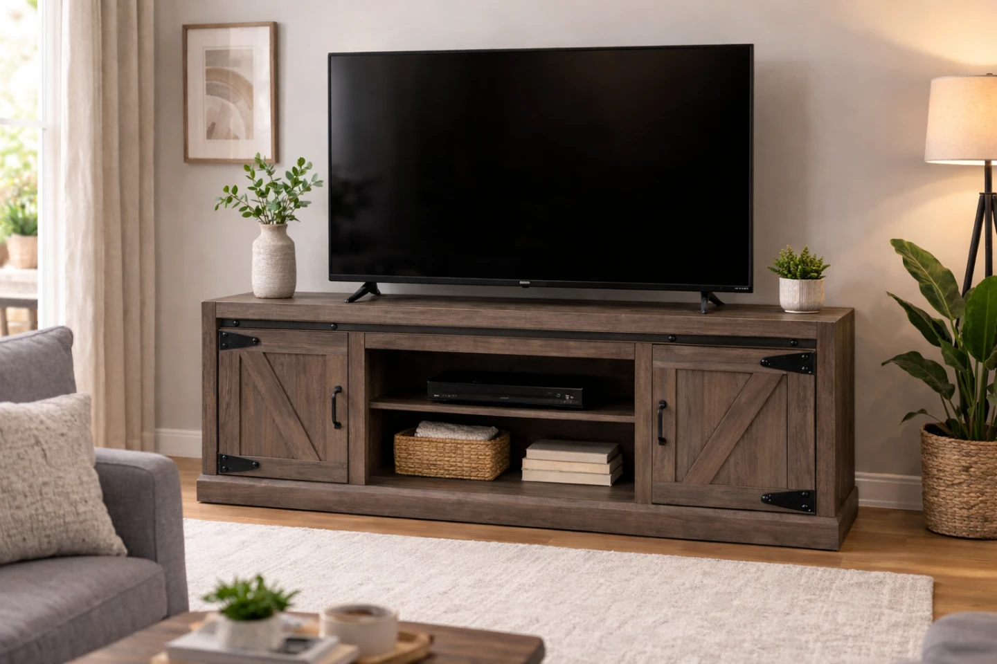 Rustic Barn Door TV Stand - Grey Oak Finish - photo 2