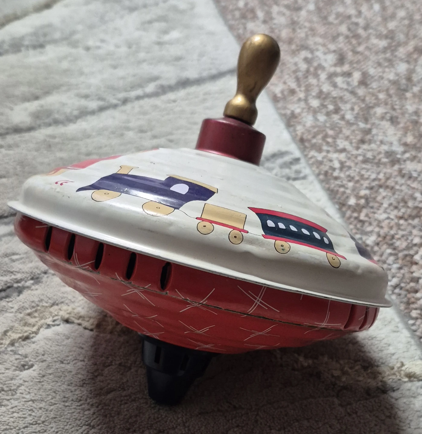 Vintage Tin Spinning Top Toy with Train Design