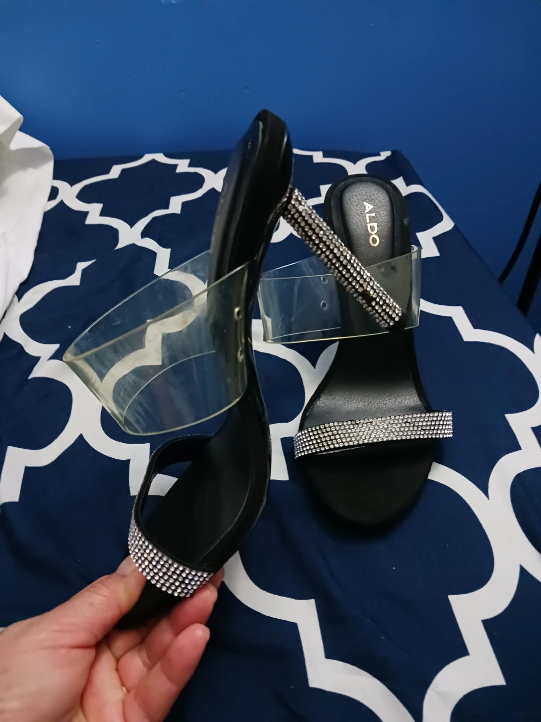 ALDO Women's Black Rhinestone Clear Strap Heels