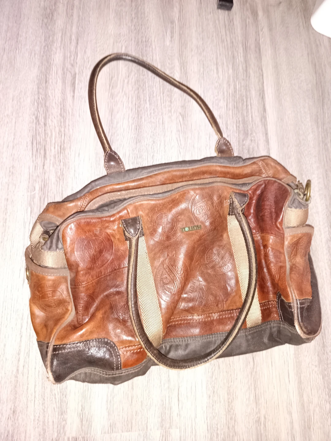 Brown leather embossed tote bag