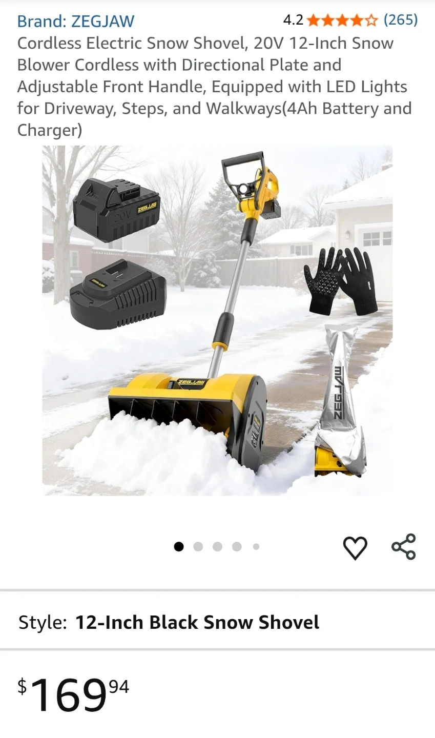 Cordless Electric Snow Shovel, 20V 12-Inch Snow Blower Cordless