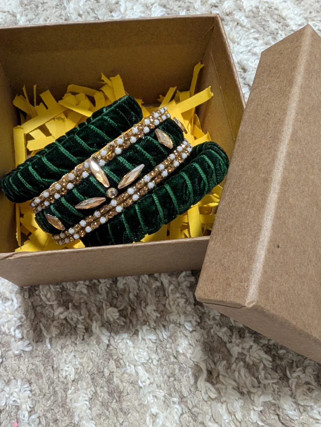 Handmade Green Velvet Beaded Bangles Set with Box