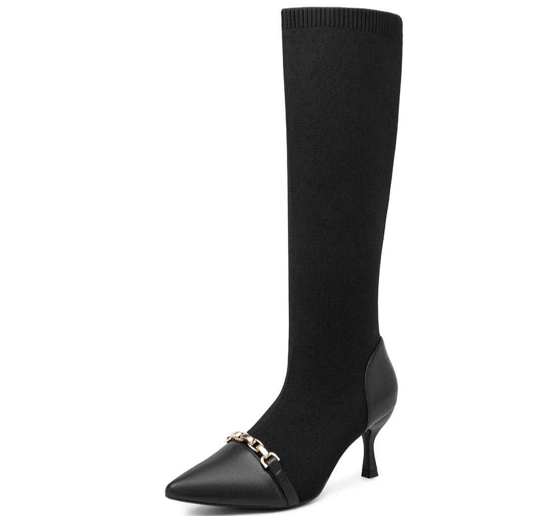 Black Knit Knee-High Boots with Chain Detail