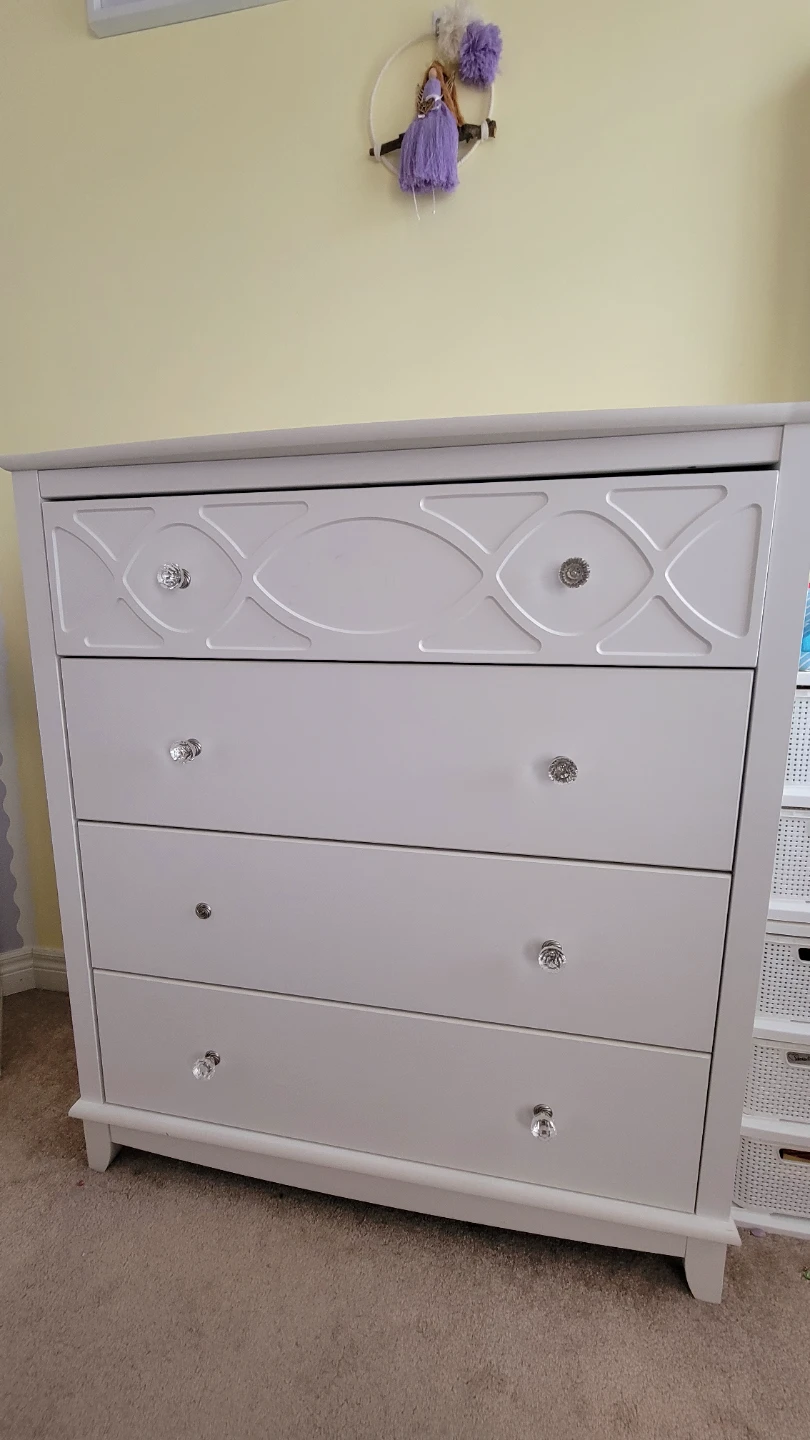 South Shore White 4-Drawer Dresser with Crystal Knobs, $200 obo
