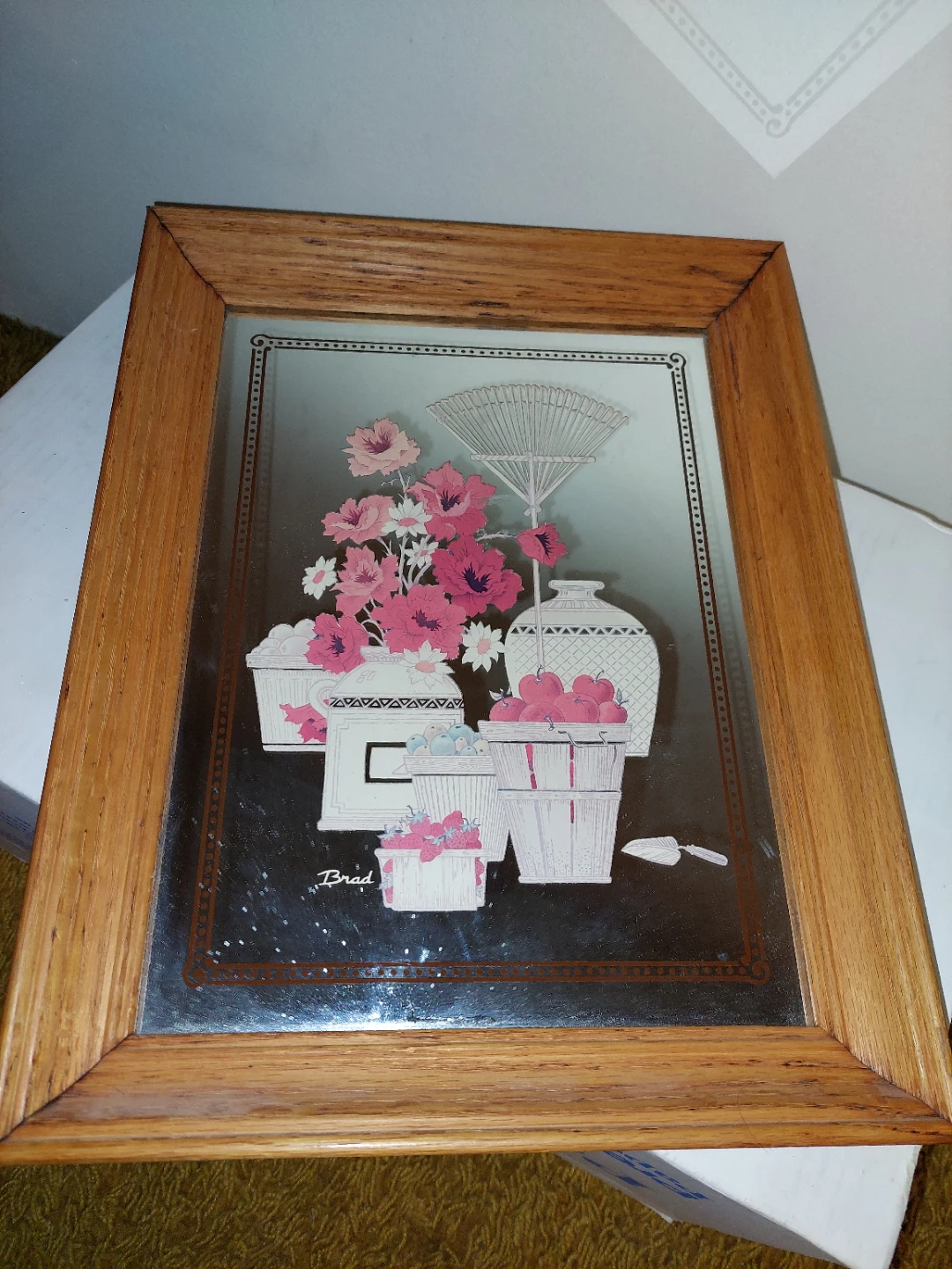 Vintage Framed Mirror Art Print with Floral and Fruit Design