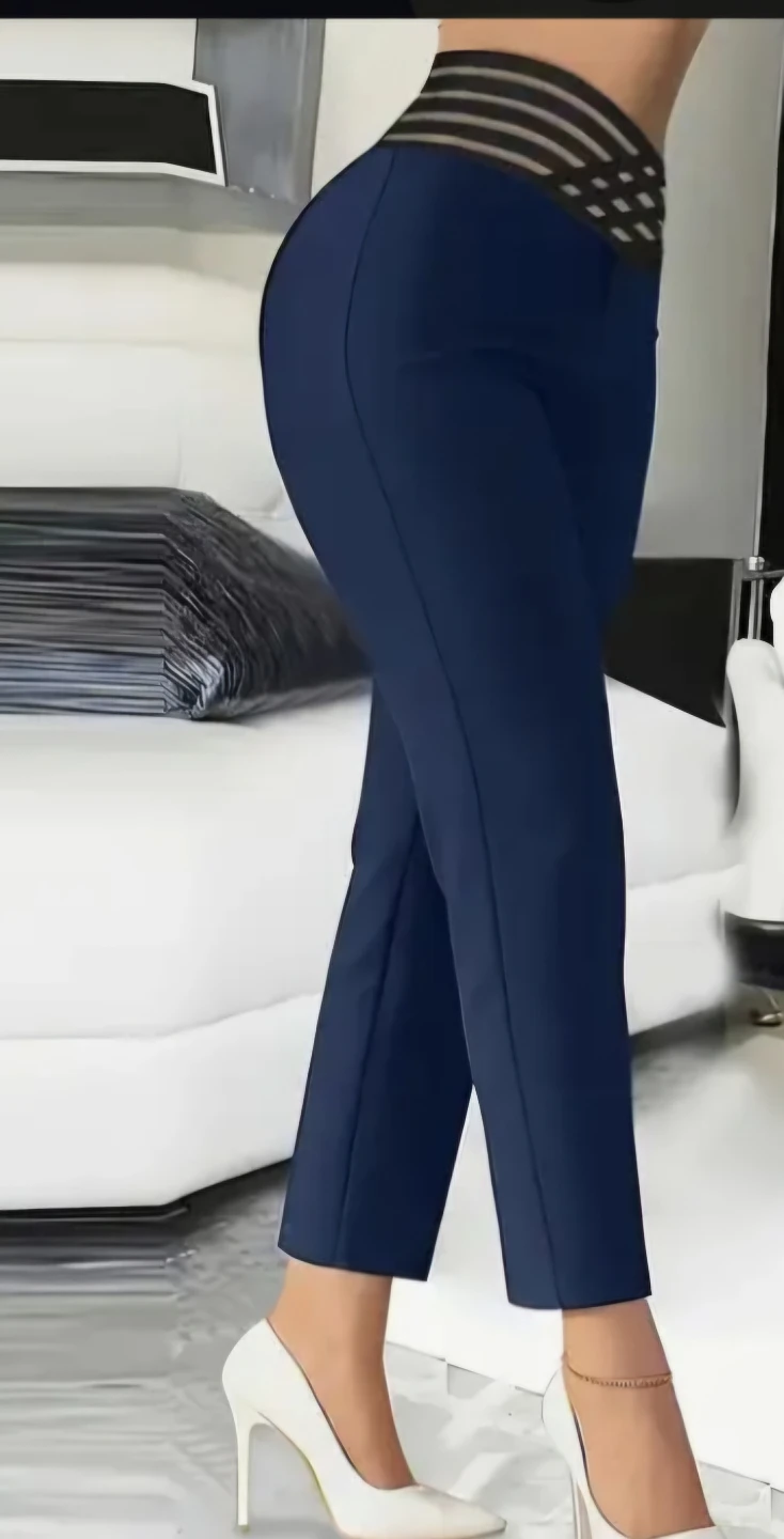 Women's Navy Blue Trousers with Striped Waistband - photo 2