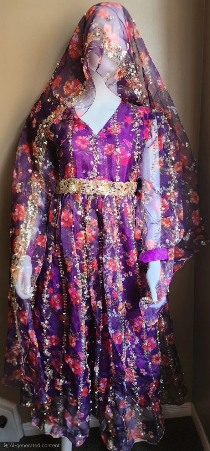 Purple Floral Embroidered Dress with Scarf