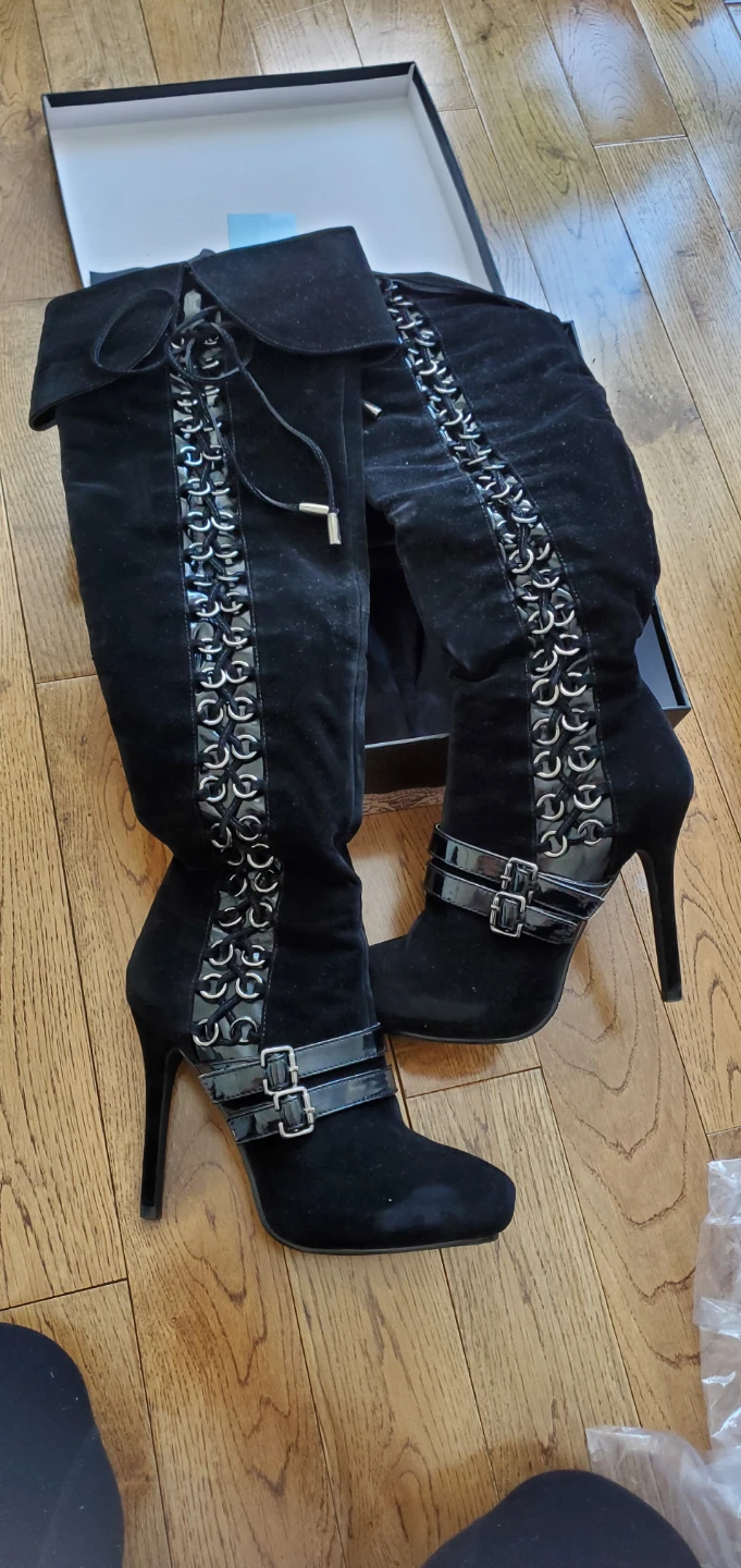 Black Suede Knee-High Boots with Buckles - photo 3
