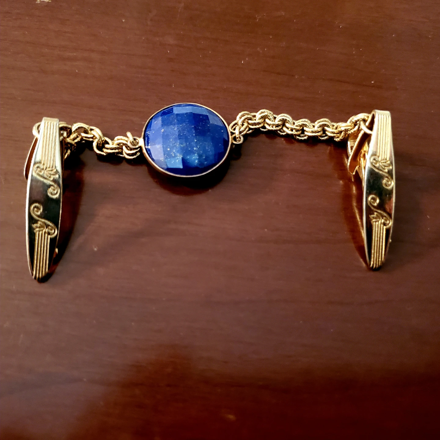 Vintage Gold Tone Lapel Cardigan Clip with Lapis Lazuli Accent