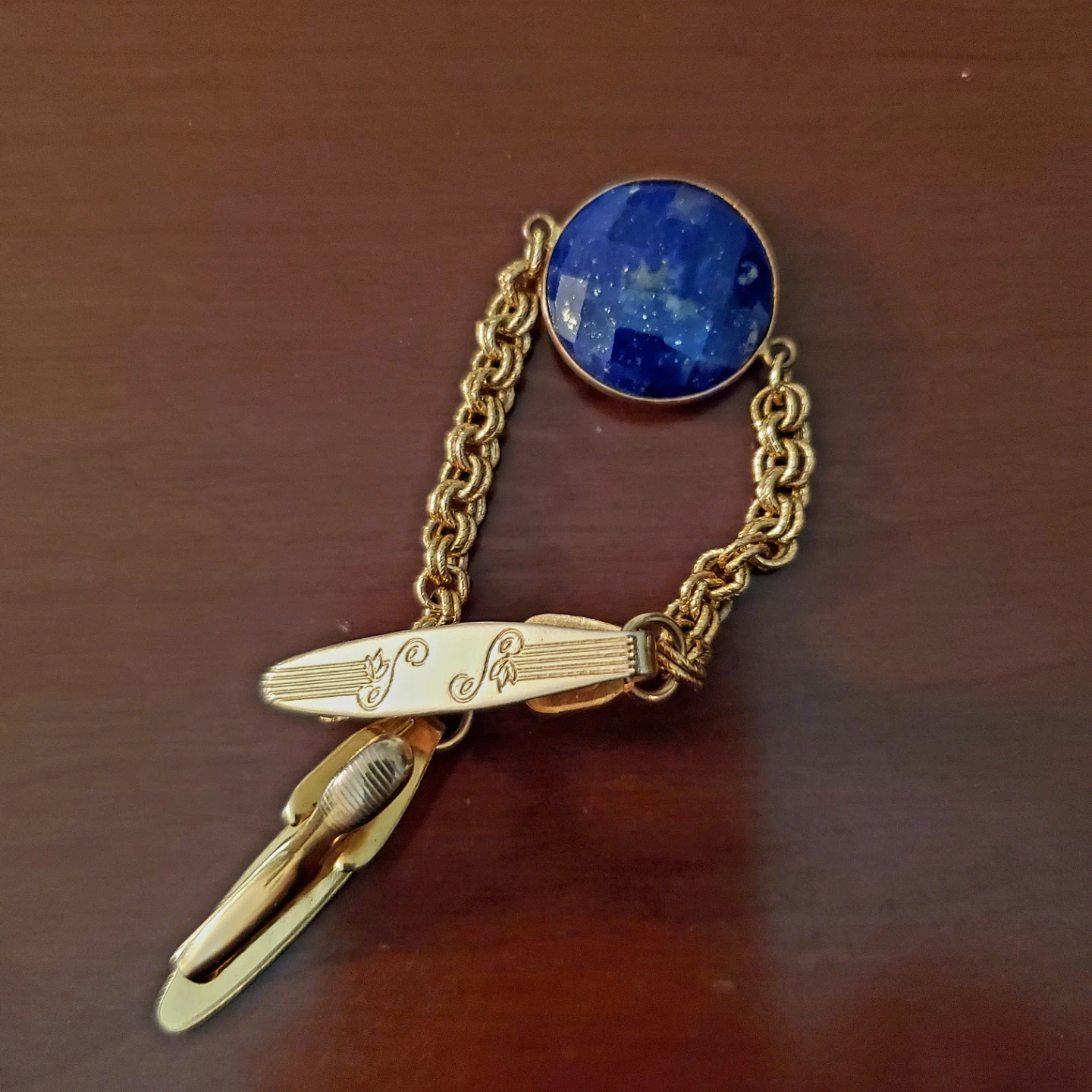 Vintage Gold Tone Lapel Cardigan Clip with Lapis Lazuli Accent - photo 2