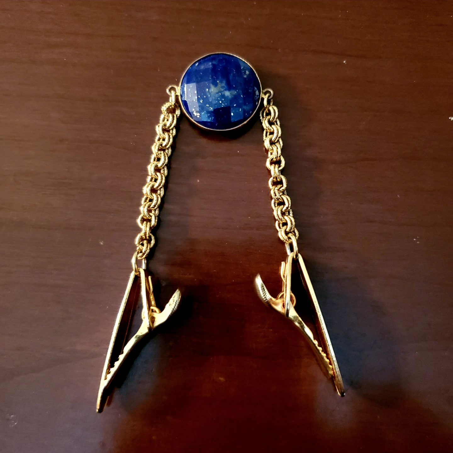 Vintage Gold Tone Lapel Cardigan Clip with Lapis Lazuli Accent - photo 3