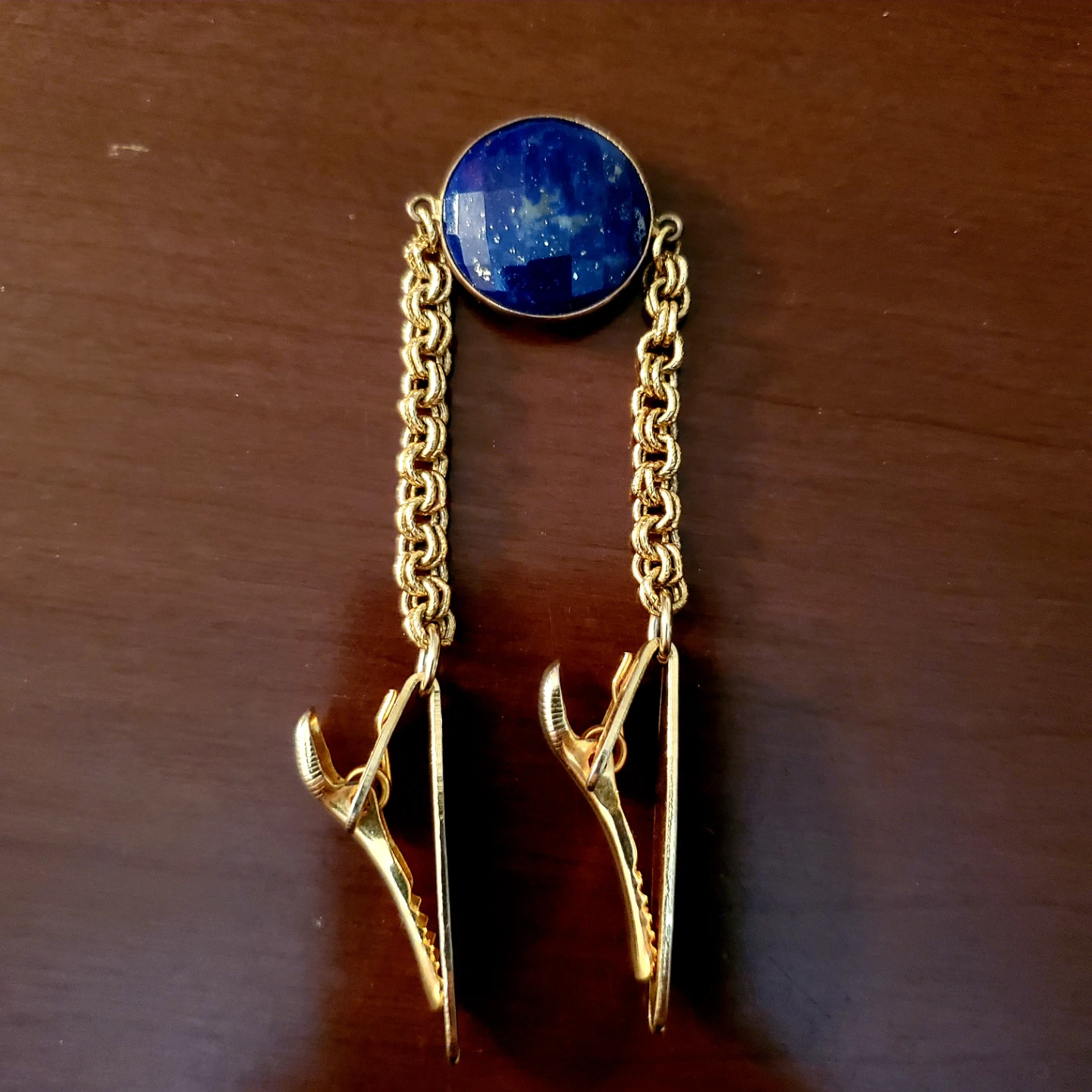 Vintage Gold Tone Lapel Cardigan Clip with Lapis Lazuli Accent - photo 5