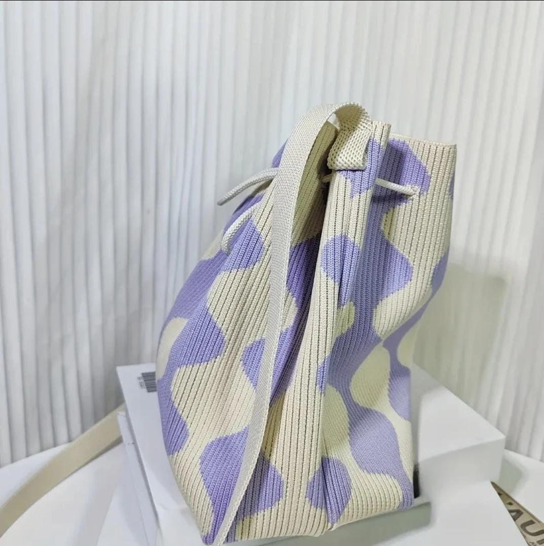 NEW Knitted Bucket Bag - Purple & Cream Pattern - photo 2