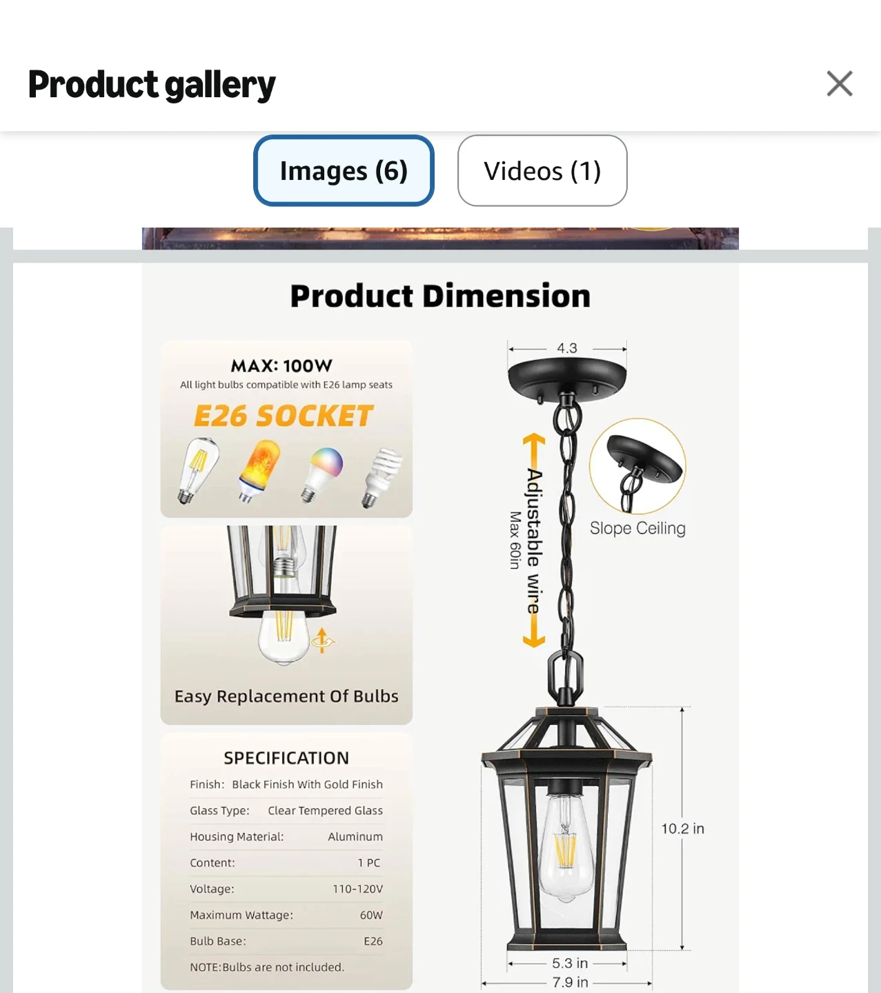 Outdoor Hanging Lantern, Black Finish with Gold Accents - photo 5