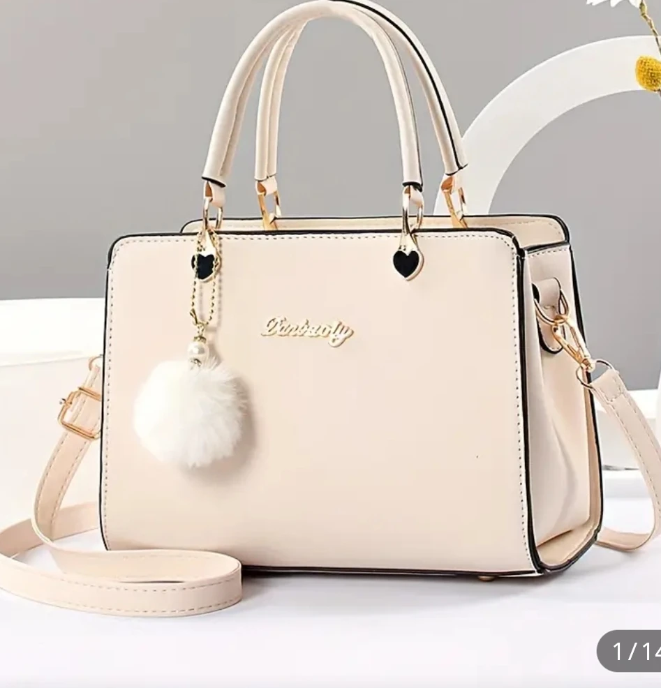 Women's Cream Faux Leather Satchel Handbag with Pom Pom Charm