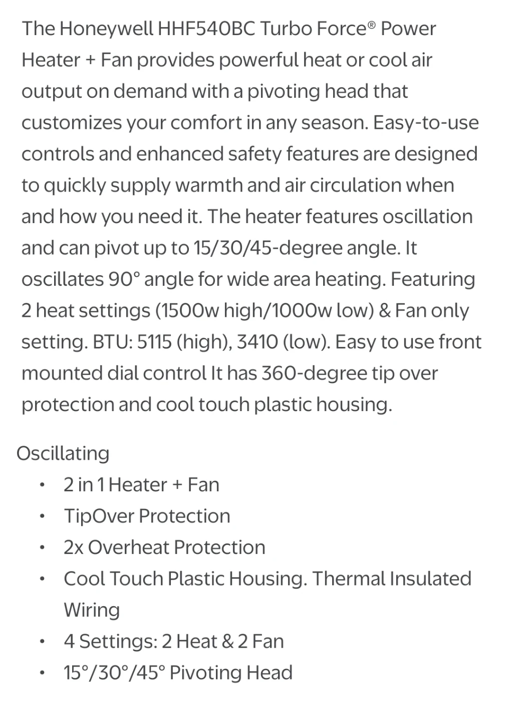 Honeywell HHF540BC Turbo Force Heater + Fan - photo 3
