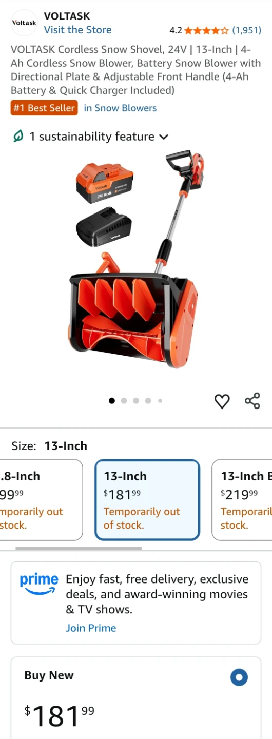 VOLTASK Cordless Snow Shovel, 24V | 13-Inch | 4-Ah Cordless