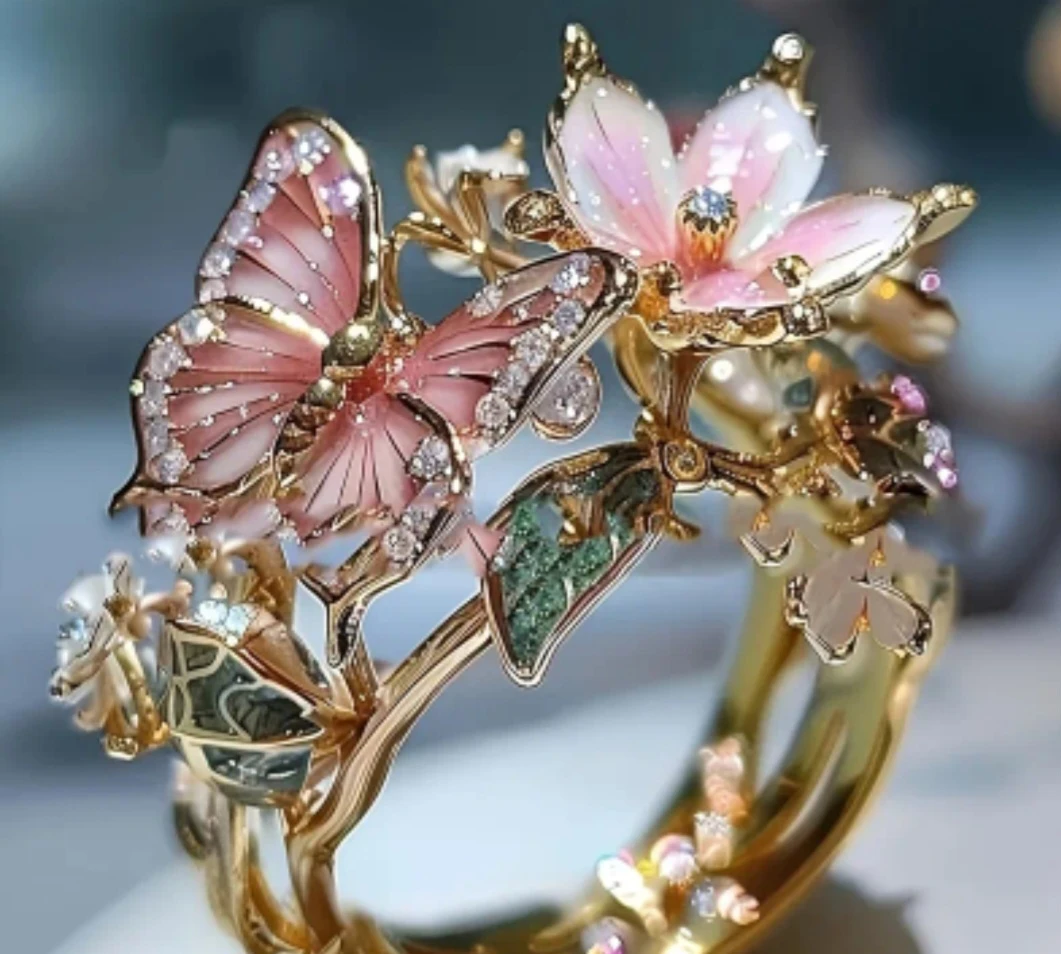 Enamel Butterfly and Flower Ring