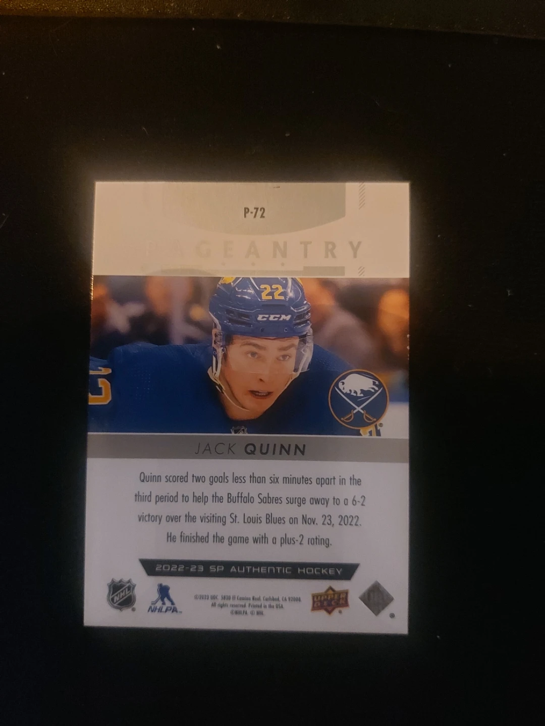2022-23 Upper Deck SP Authentic Jack Quinn Hockey Card - photo 2