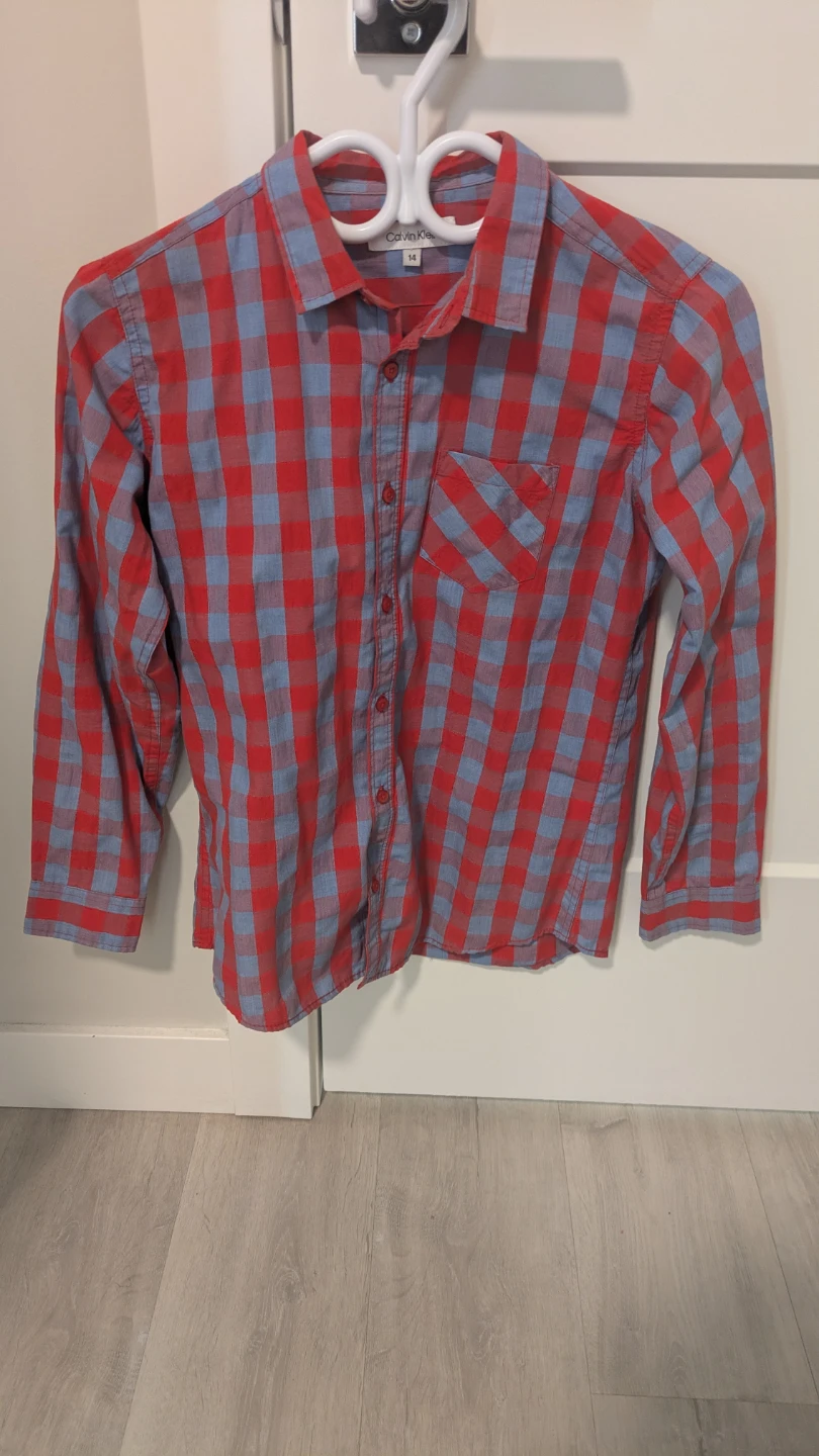 Calvin Klein Boys Red and Blue Gingham Button-Up Shirt Size 14