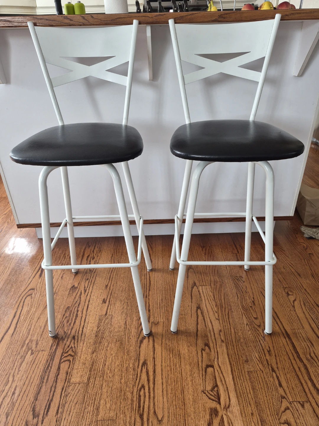 Pair of White Swivel Bar Stools with Black Seats