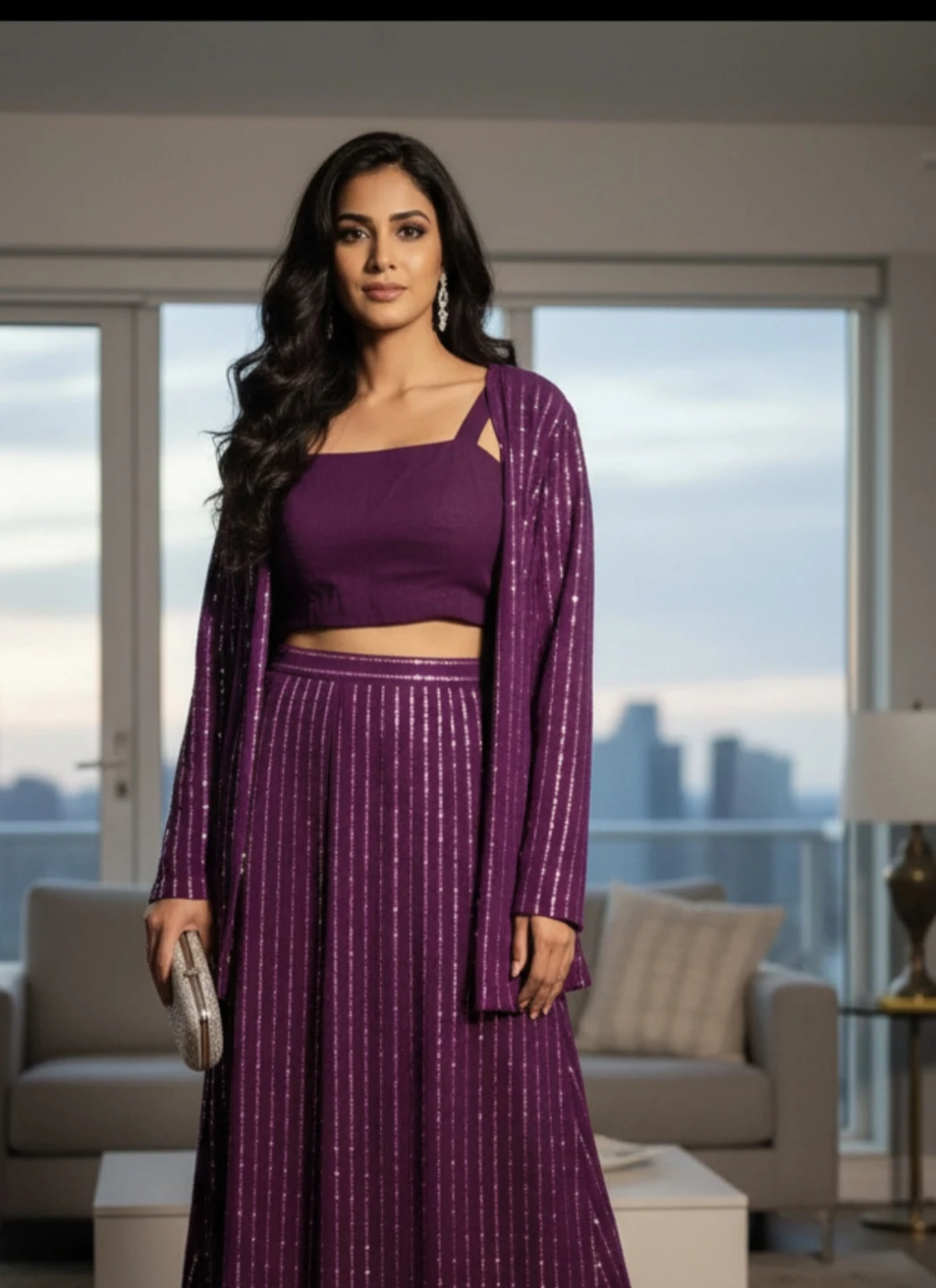 Purple Sequin 3-Piece Outfit with Jacket and Skirt - photo 4