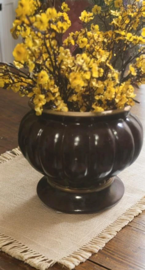 Dark Brown Ceramic Fluted Vase with Gold Trim - photo 3