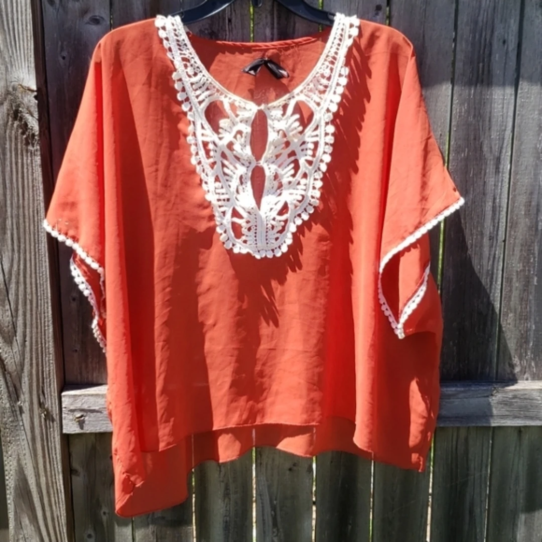 Orange Kaftan Top with Lace Trim