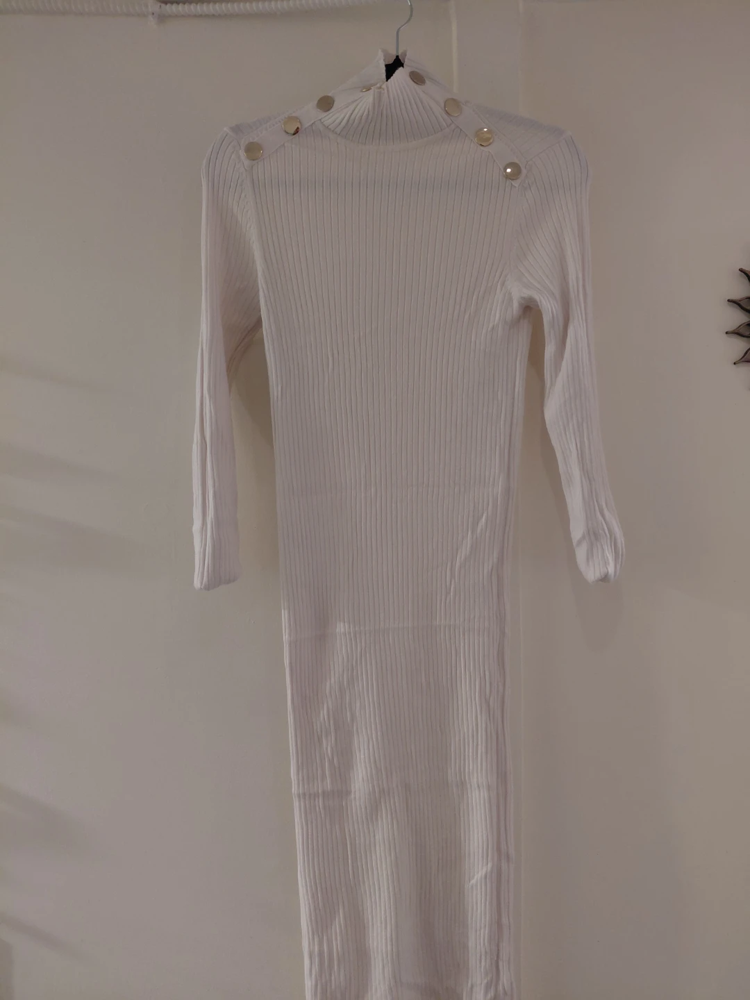 White Ribbed Mock Neck Dress with Button Detail