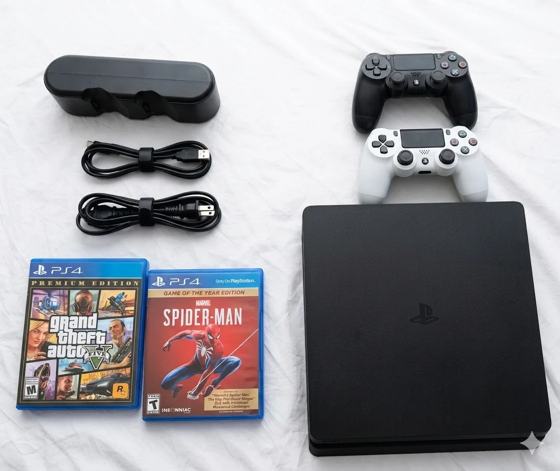 PlayStation 4 Slim Console with 2 Controllers and Games