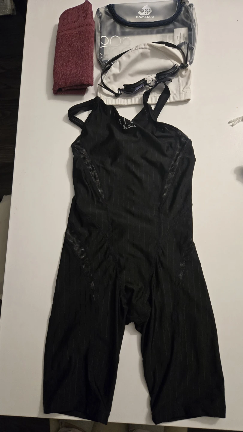 Elite Active Black Striped Swimsuit with Goggles and Cap - photo 3
