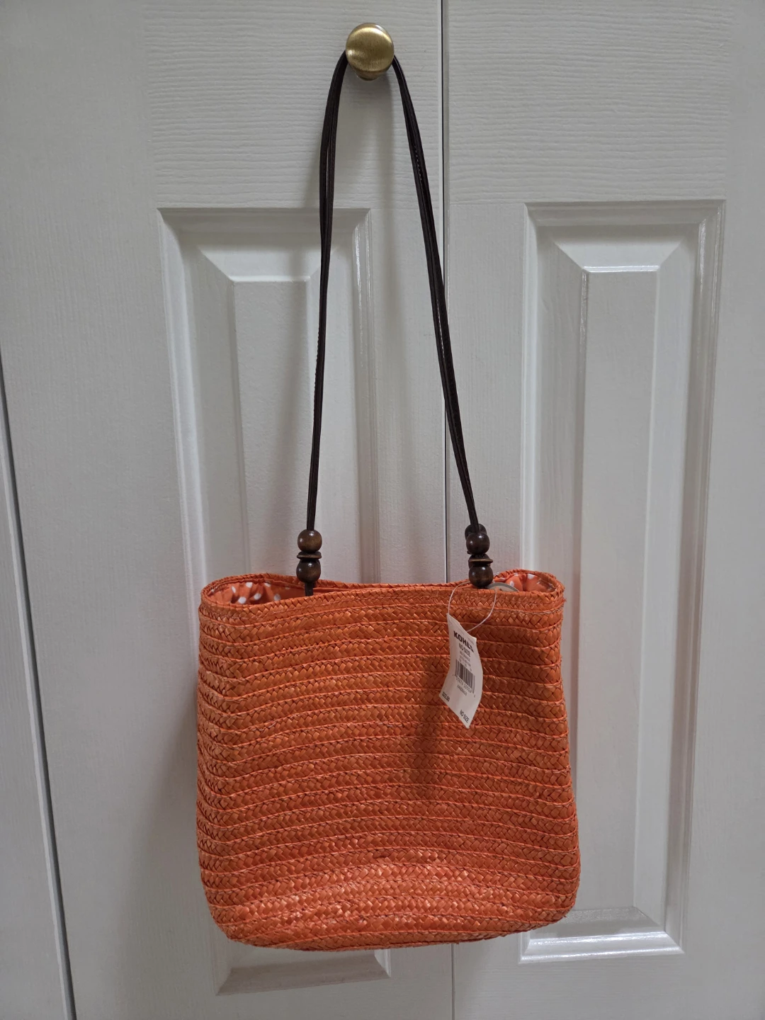 Orange Straw Tote Bag with Wooden Beads