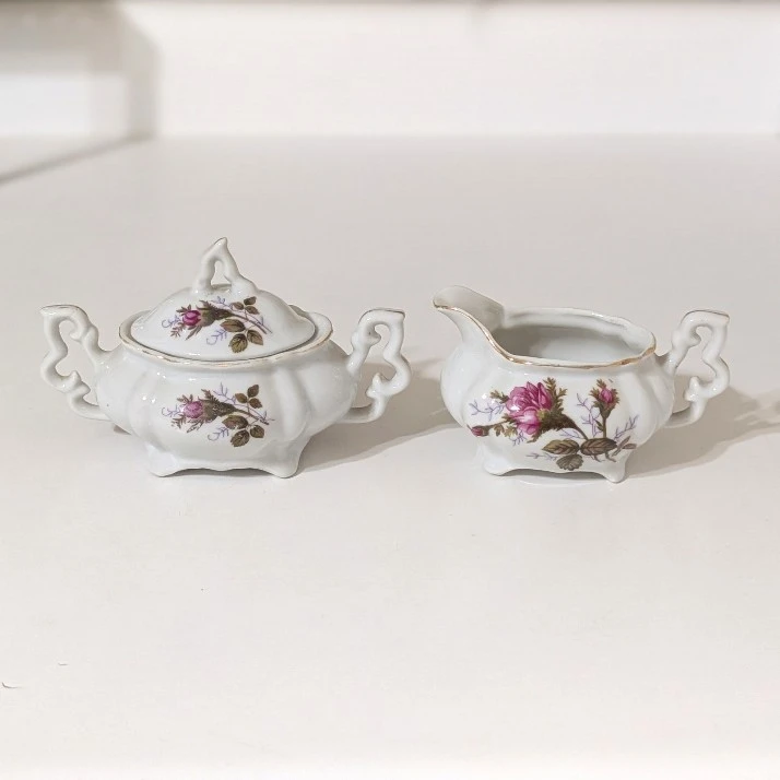 Vintage Moss Rose pattern w/ Gold Trim Creamer & Sugar Set