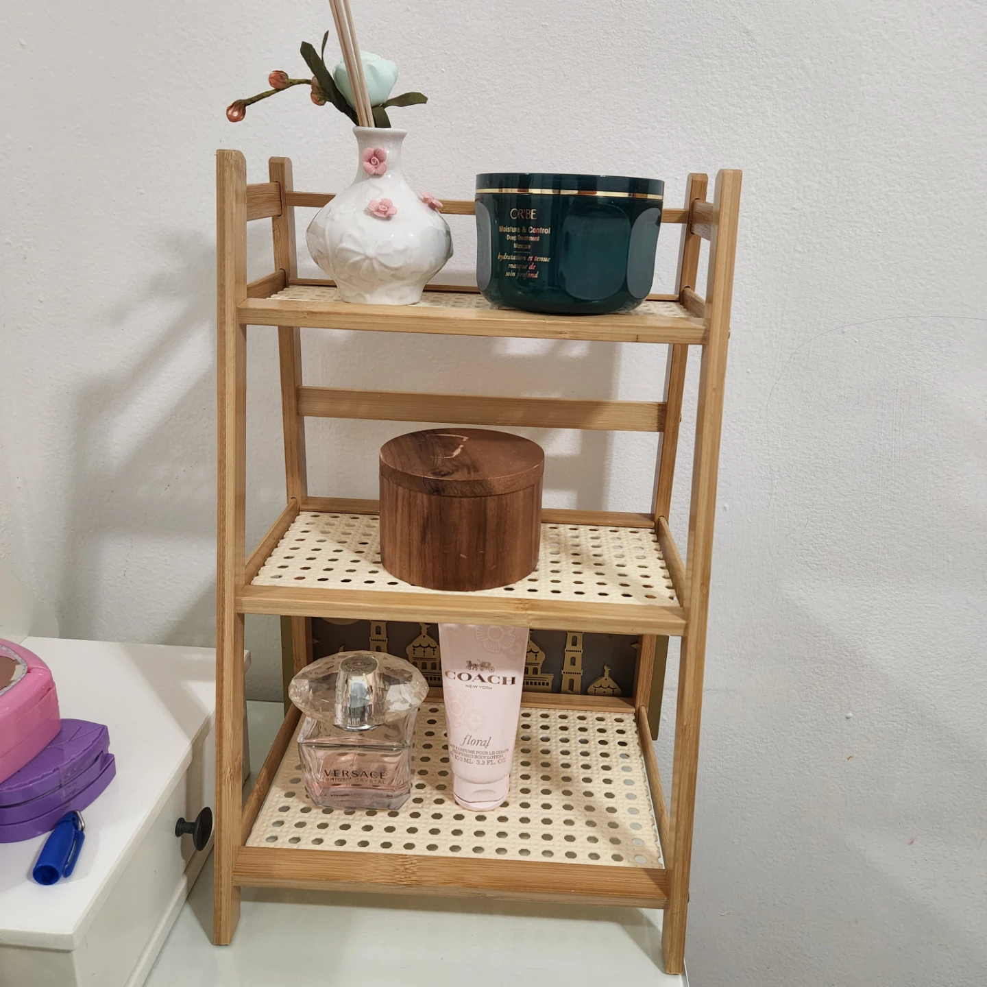 3-Tier Bamboo Shelf with Decor Items