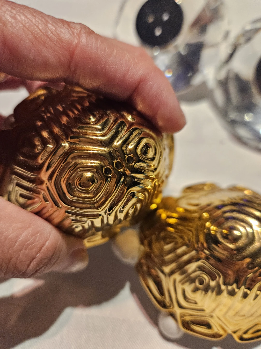 Set of 2 Gold Turtles and crystal salt + pepper shaker.