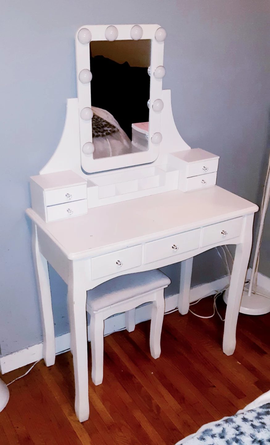 White Vanity Desk with Mirror and Stool