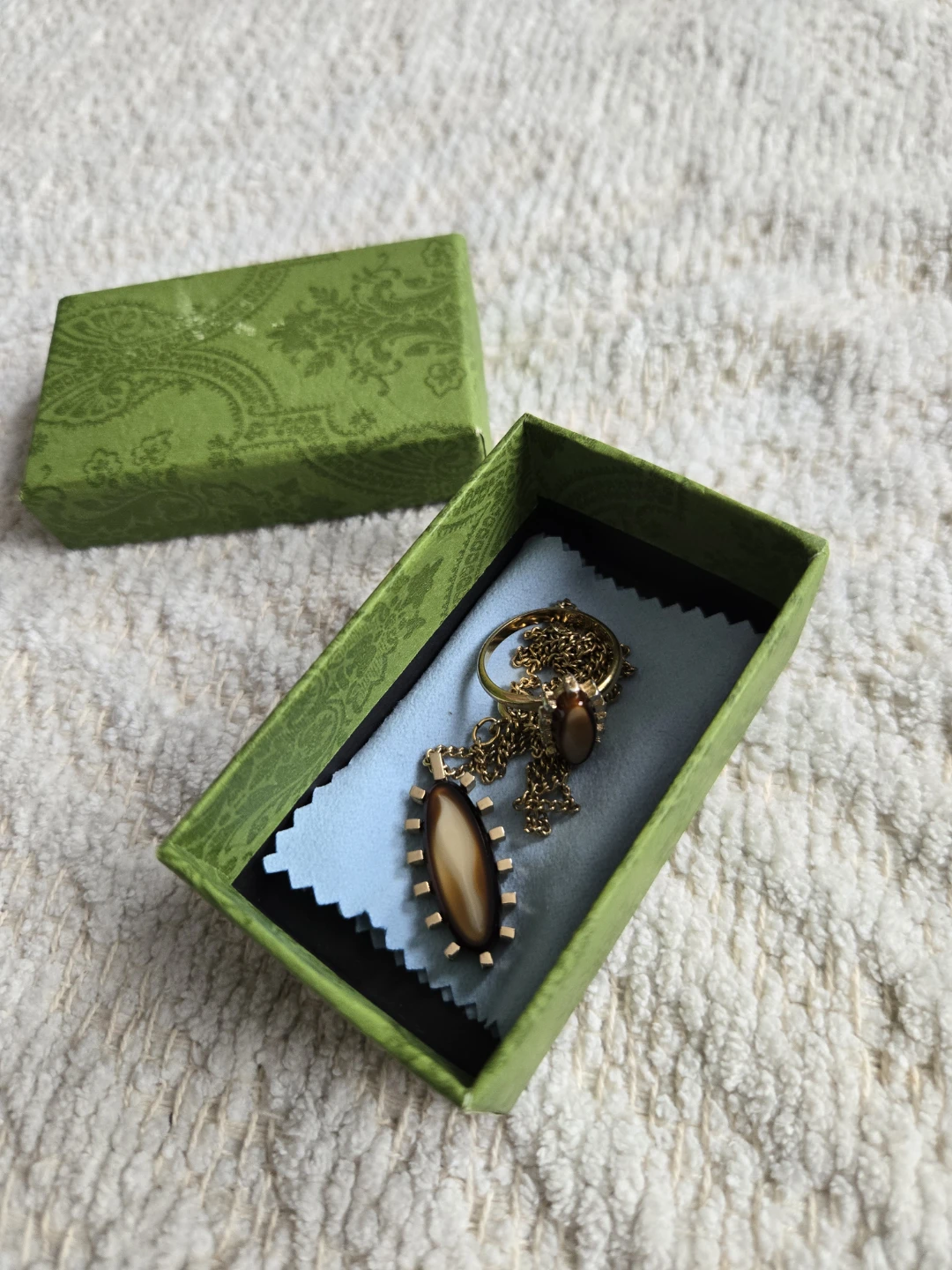Gold Necklace & Ring w Brown Stone