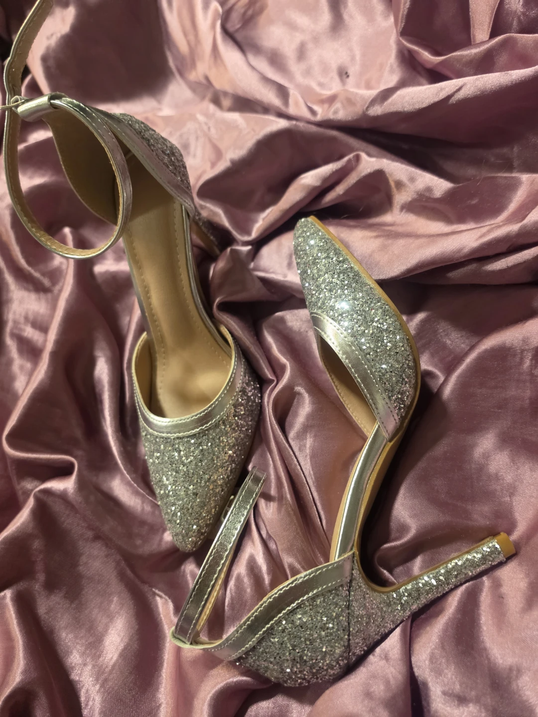 Silver Glitter Ankle Strap Heels - Size 37