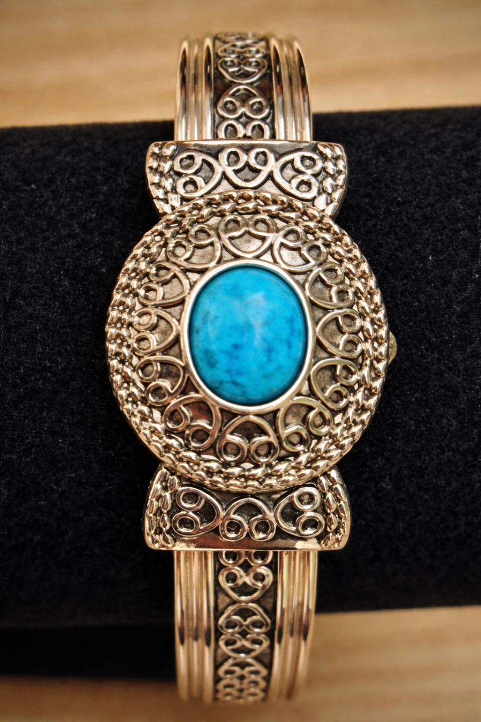 Ornate Silver-Tone Bangle Watch with Turquoise