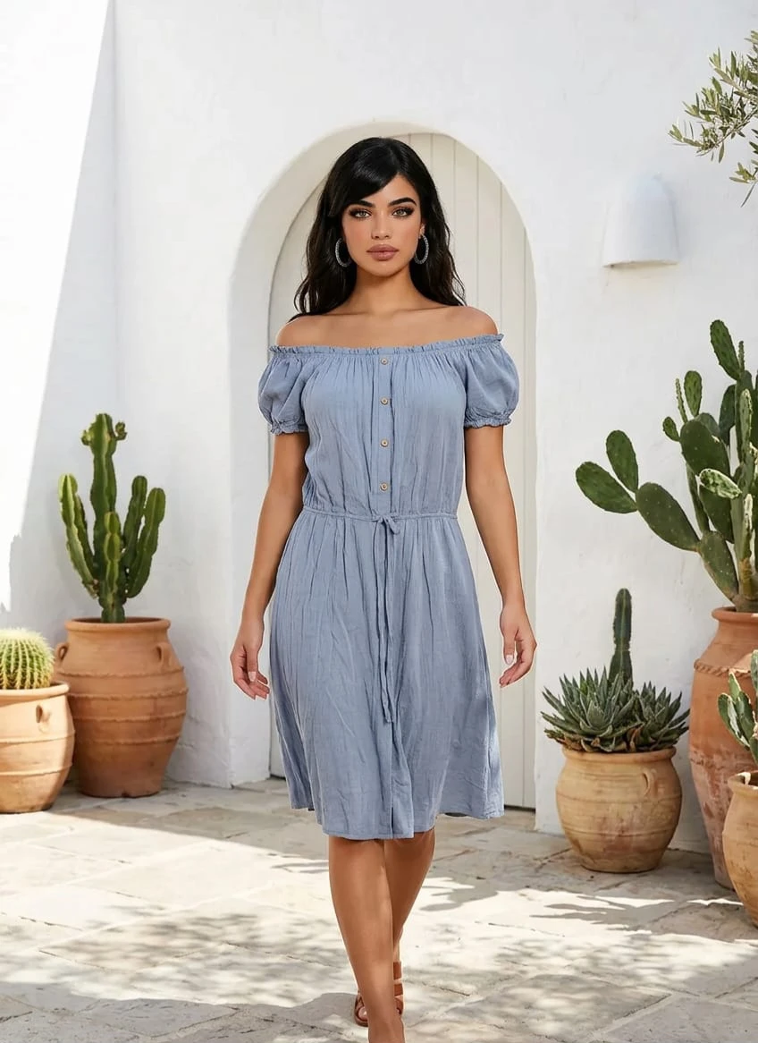 Blue Off-the-Shoulder Button-Front Tie-Waist Dress