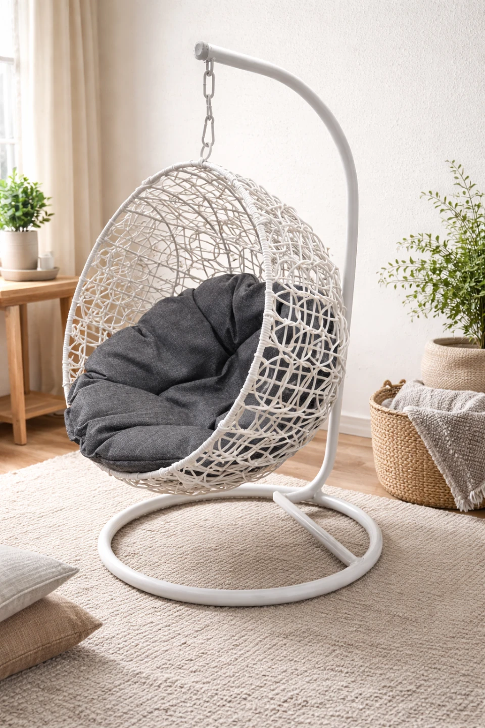White Hanging Egg Chair with Grey Cushion