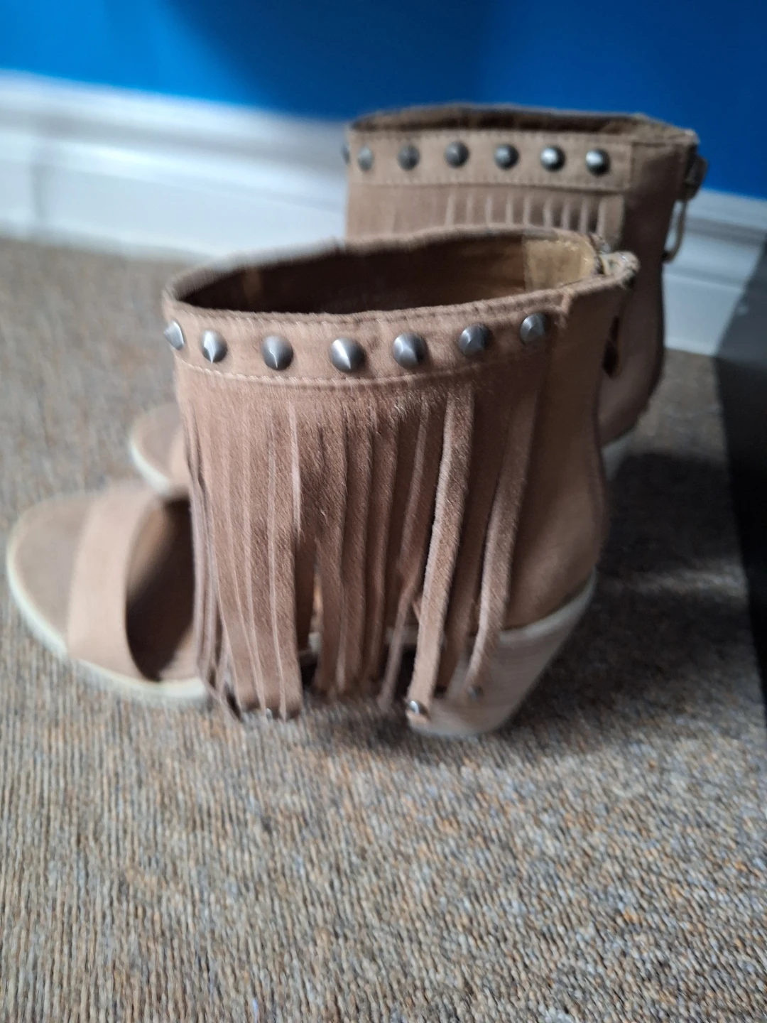 Tan Suede Fringe Studded Heel Sandals - photo 3