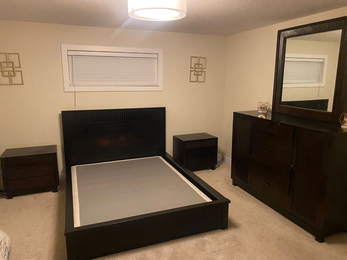 Dark Wood Bedroom Set - Queen Bed Frame, Dresser & Nightstands