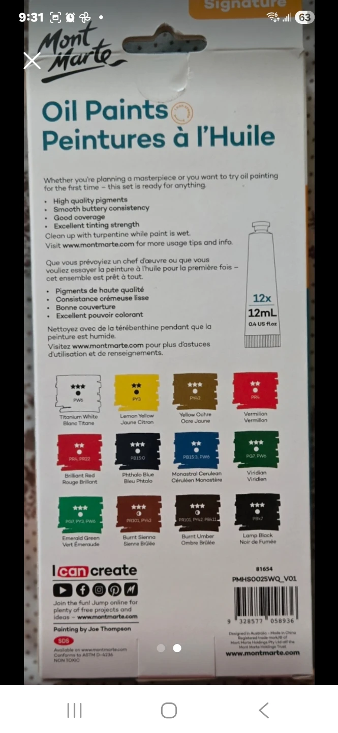 Mont Marte Signature Oil Paints Set - 12 x 12mL Tubes